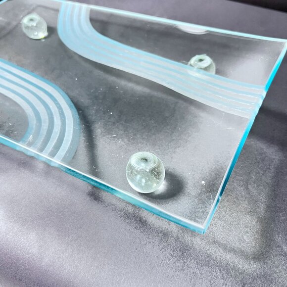 Vtg Unique Concave Art Glass Serving Decor Tray Cut Etched Wavy Lines Ball Feet - Picture 2 of 8